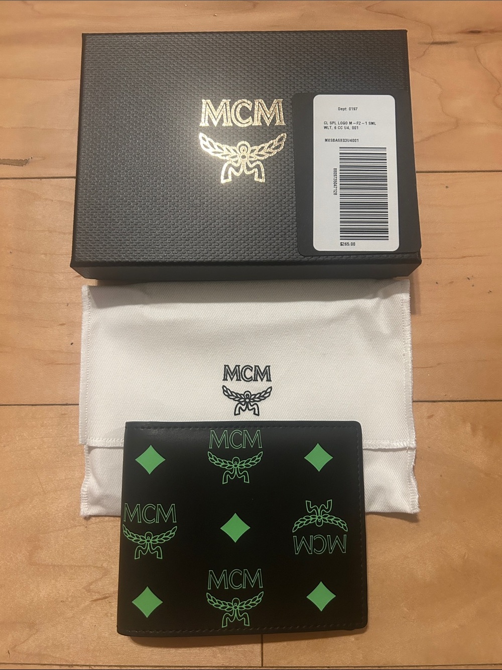 MCM Black Leather Wallet with Green Logo Print